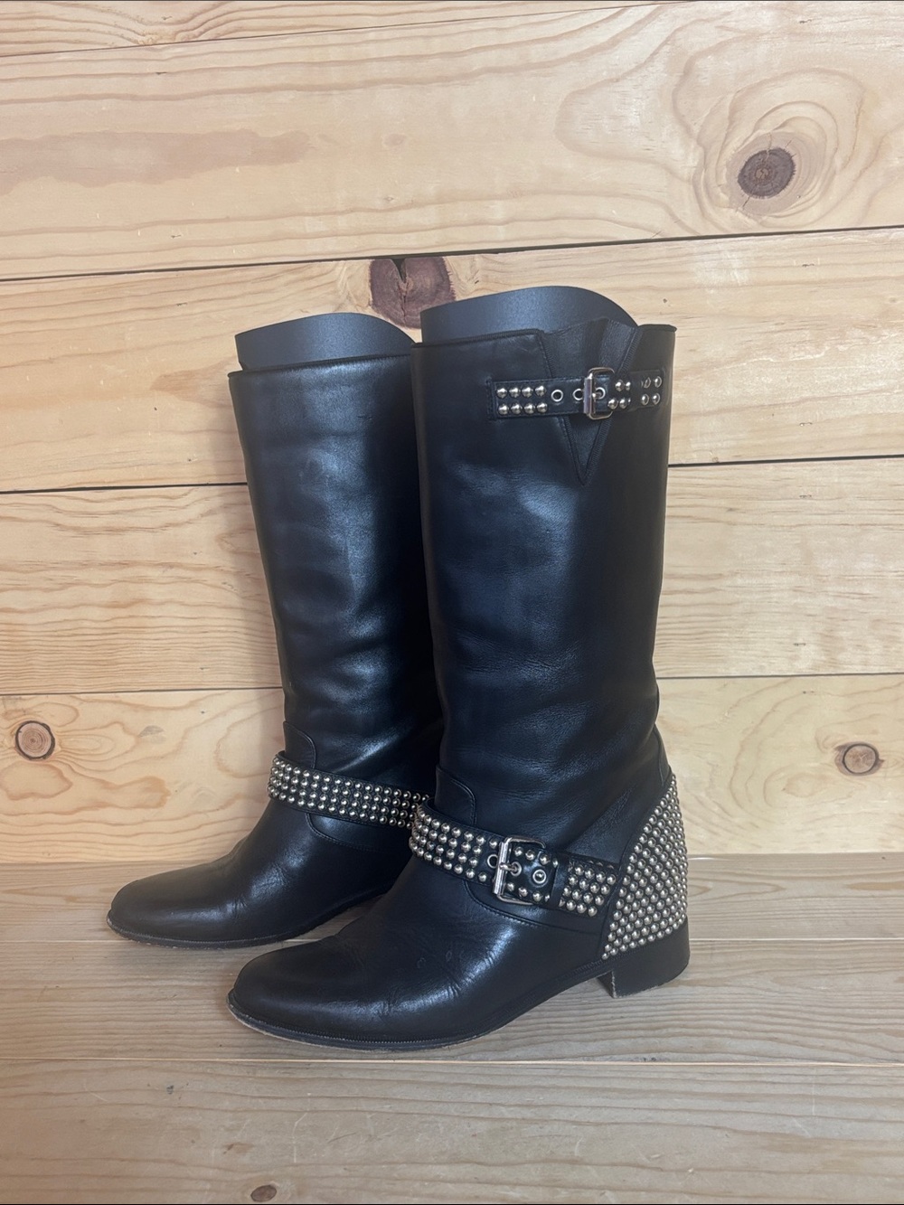 Authentic Christian Louboutin black leather studded moto boots 37 1/2